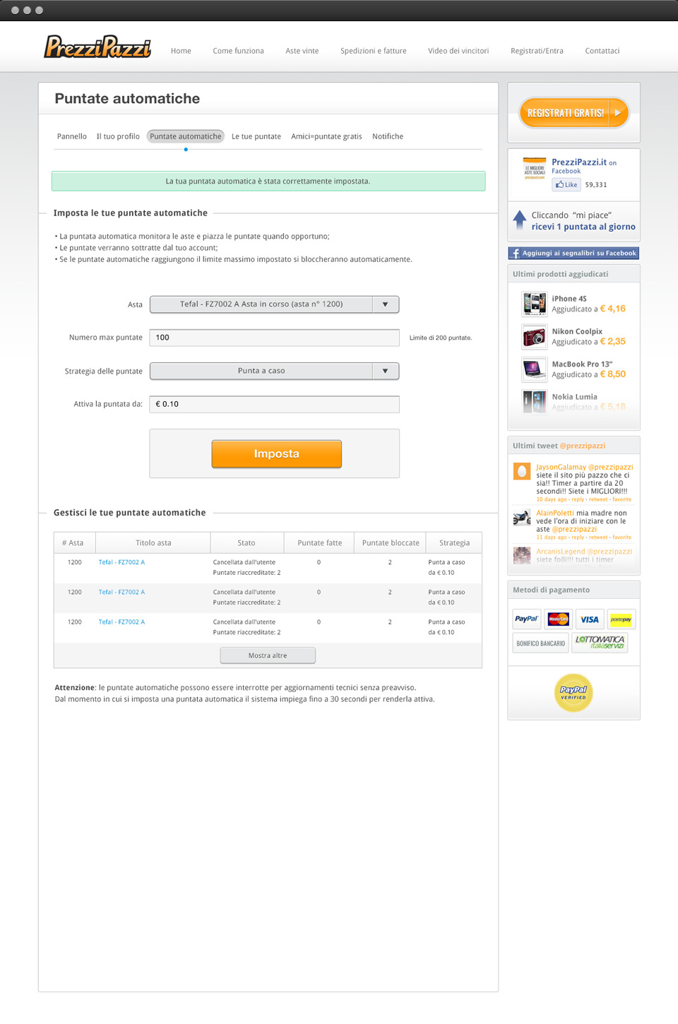 Prezzipazzi - Panel: auto-bid setup