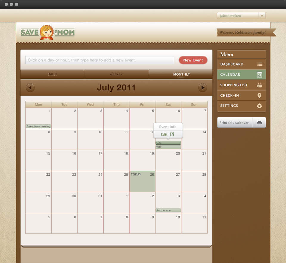 Save The Mom - Calendar: Monthly View
