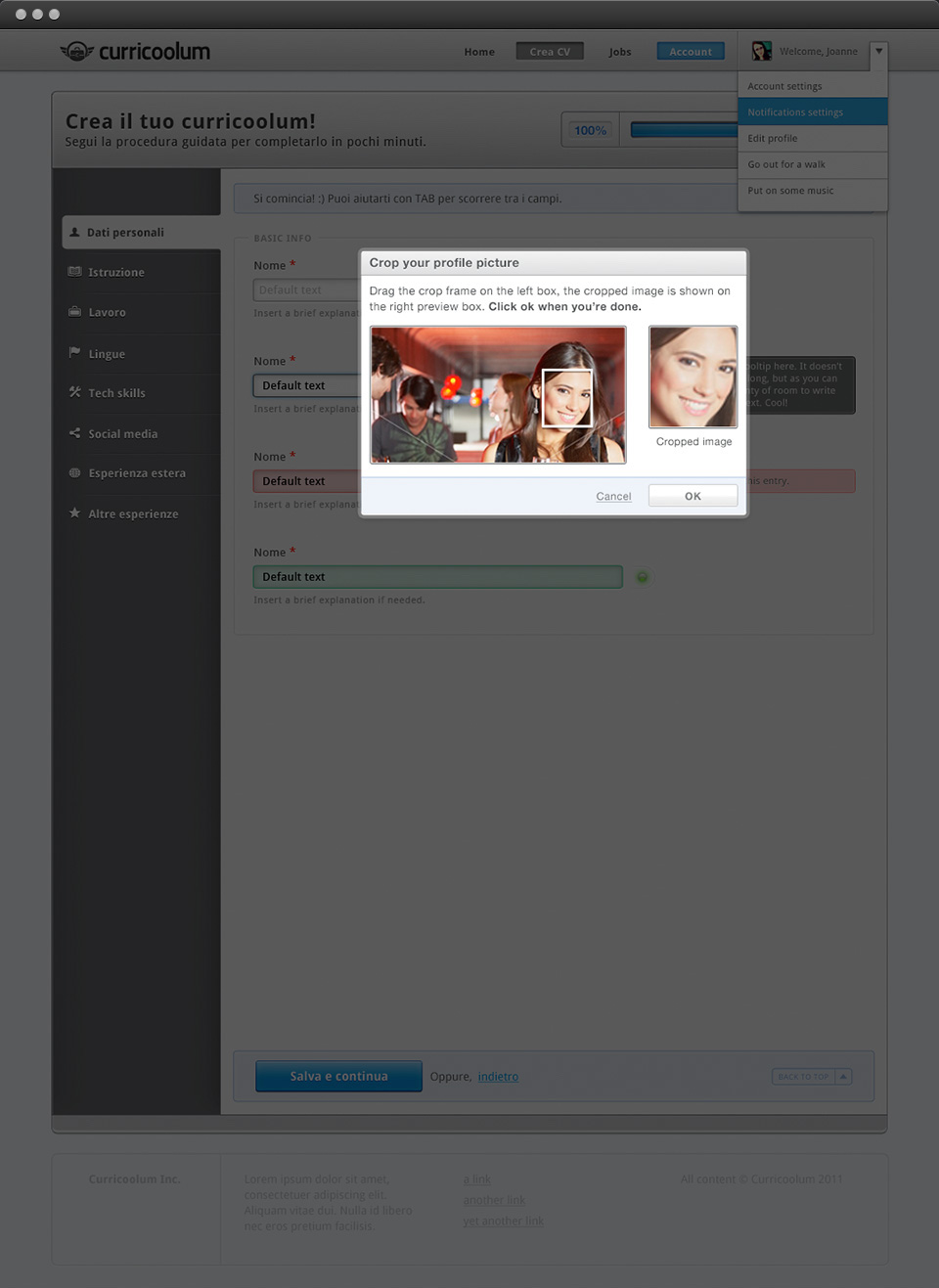 Create CV - modal window