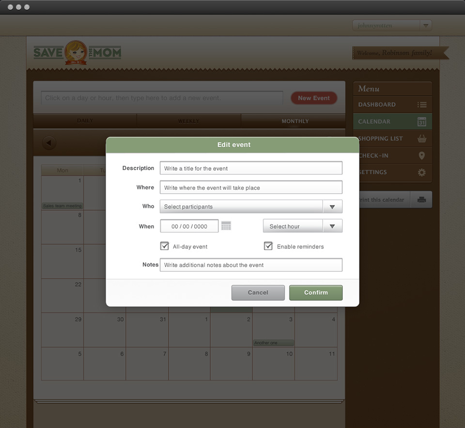 Save The Mom - Calendar: Monthly View with modal window
